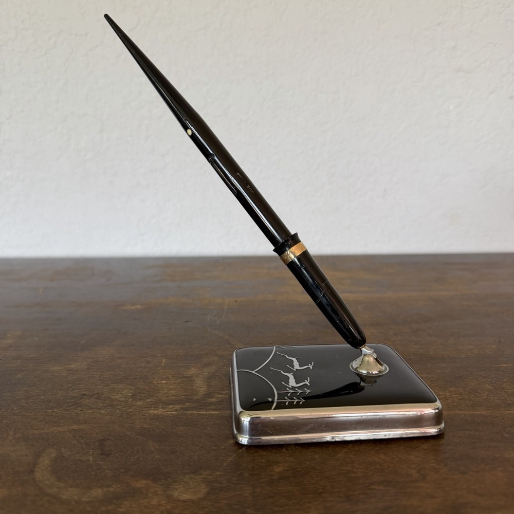 Vintage Sheaffer Lifetime 14K Gold Nib Desk Fountain Pen Set Art Deco Deer Base